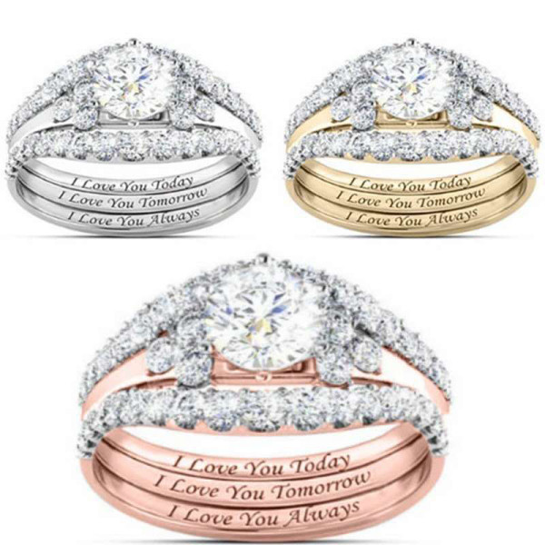Diamante Ring Love You Today Tomorrow Always 3PCS Jewelry Set Gifts for Women Girls