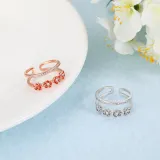 Rings Open Crystal Diamante Rose Flower Double Layer Adjustable Jewelry Gift for Women Girls