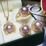 Freshwater Pearl Flower Necklace Ring and Earrings Jewelry Set Mom Gift For Mother's Day