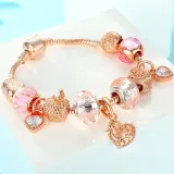 Women's Rose Gold Alloy Love Apple Zircon Heart Pink Glass Crystal Charm Chain Jewelry Bracelet