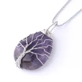 Drop-shaped Natural Crystal Stone Silver Tree of Life Chain Jewelry Necklace