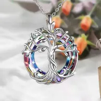 Necklace Earring Tree of Life Pendant Silver with Colorful Circle Crystal Jewelry Set Gifts for Women Girls