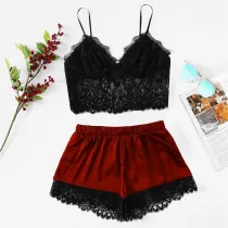 Women's Lace Sling Hollow Top Silk Shorts Loungewear Pajama Sets