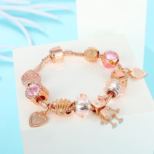 Women Rose Gold Robot Love Beaded Bracelet Pink Crystal Charm Beads Bracelet