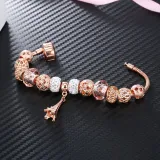 Women's Rose Gold Eiffel Tower Zircon Pink Glass Crystal Charm Chain Jewelry Bracelet