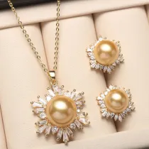 Mother's Day Gift Jewelry Set Flower-Shaped Cubic Zirconia Pearl Necklace and Earring with Box