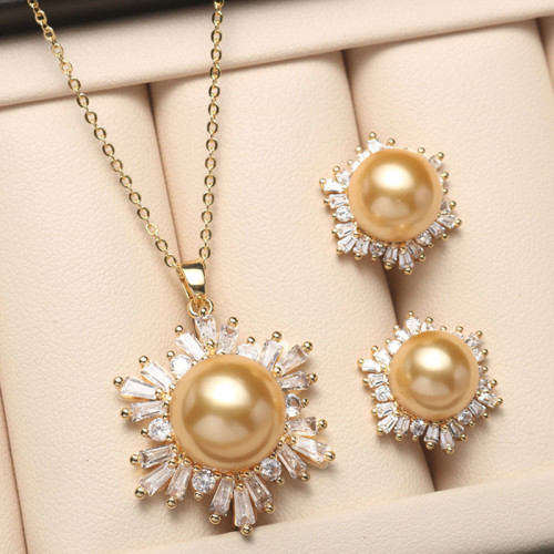 Mother's Day Gift Jewelry Set Flower-Shaped Cubic Zirconia Pearl Necklace and Earring with Box