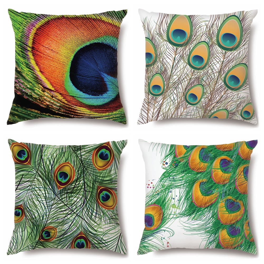 4PCS Home Cotton Decorative Peacock Pattern Throw Pillow Case Cushion Covers For Sofa Couch Bed Chair