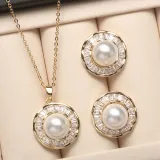 Mother's Day Gift Diamante Shell Pearl Flower Necklace Earrings Jewelry Set with Box