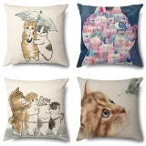 4PCS Home Cotton Decorative Cute Cartoon Cat Throw Pillow Case Cushion Covers For Sofa Couch Bed Chair