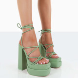 Square Toe Front Mint PU Lace Up Double Platform High Heels Sandals