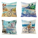4PCS Home Cotton Decorative Hello Summer Throw Pillow Case Cushion Covers For Sofa Couch Bed Chair