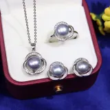 Freshwater Pearl Clover Diamante Necklace Ring and Earrings Jewelry Set Gift For Mother's Day