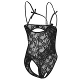 Women's Sling Lace Flowers Transparent Sexy Underwear Open Bowknot Bodysuit