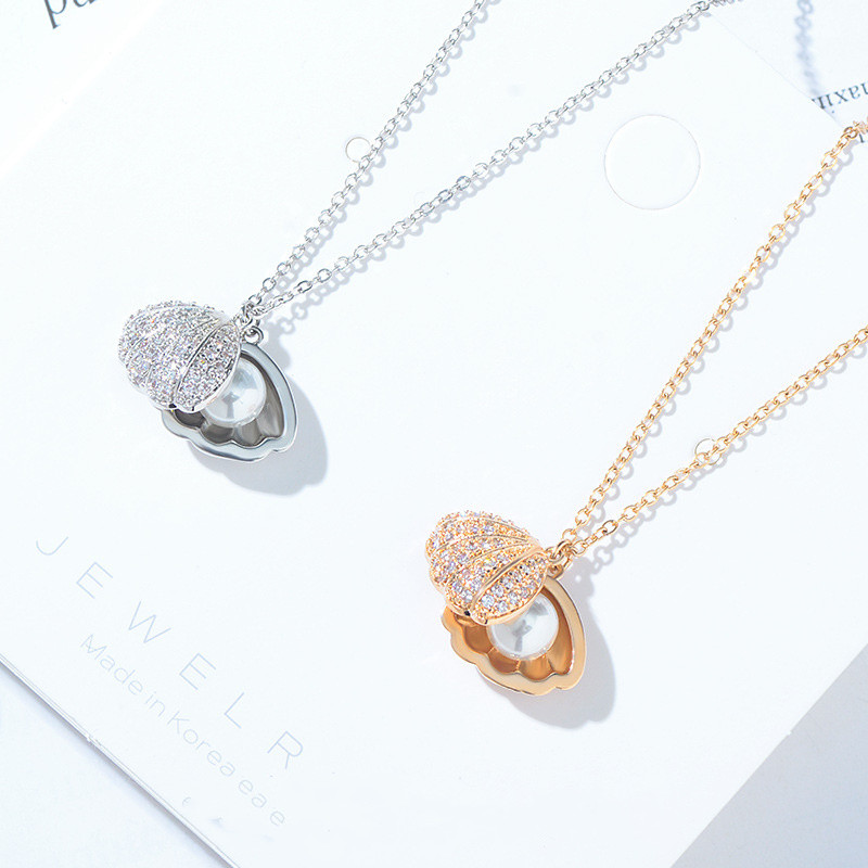 Full Drill Shell Pearl Diamond Pendant Chain Jewelry Necklace
