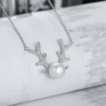 Sterling Silver Antlers Zircon Diamond Pearl Pendant Chain Jewelry Necklace