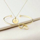 2PCS Pendant Necklace and Bracelet Plated Disc Double Side Engraved A-Z Letter Jewelry Gift for Women