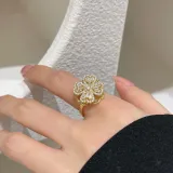 Gold Sunflower Clover Windmill Rotating Opening Ring Necklace Earring Jewelry Set