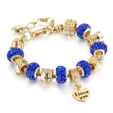 Women's I Love You Heart Zircon Diamond Gold Bead Bracelet Chain Charm Jewelry