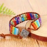 Handmade Bohemian Natural Stones Sunflower Button Adjustable Leather Bracelet for Women and Girls