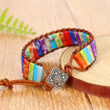 Handmade Bohemian Natural Stones Sunflower Button Adjustable Leather Bracelet for Women and Girls