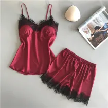 Women's Lingerie Lace Rayon Silk Two-Piece Loungewear Pajamas Sets