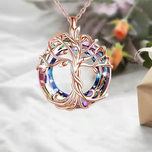 Necklace Earring Tree of Life Pendant Silver with Colorful Circle Crystal Jewelry Set Gifts for Women Girls