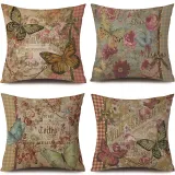 4PCS Home Cotton Decorative Spring Flower and Butterfly Throw Pillow Case Cushion Covers For Sofa Couch Bed Chair