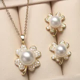 Diamante Jewelry Clover-Shaped Pearl Necklace and Earring Set For Women Girls With Box