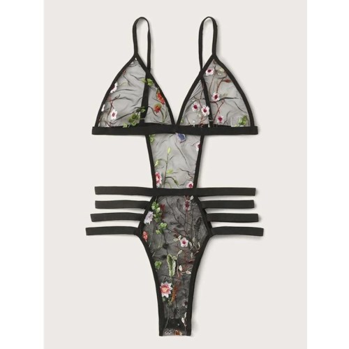 Women's Lace Embroidery Flowers Black Mesh Sexy Cut Out Bodysuit