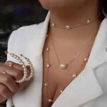 Multilayer Pearl Necklace Jewelry Necklace and Earrings 2PCS Set Mom Gift For Mother's Day