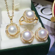 Freshwater Pearl Flower Necklace Ring and Earrings Jewelry Set Mom Gift For Mother's Day