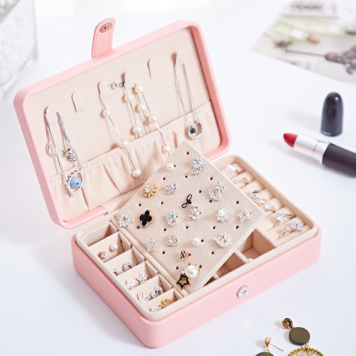Monolayer Leather Jewelry Box with Button For Girls and Women