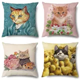 4PCS Home Cotton Decorative Cute Cartoon Cat Throw Pillow Case Cushion Covers For Sofa Couch Bed Chair