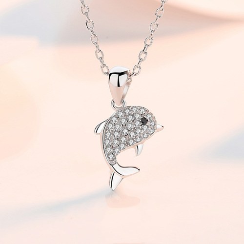 Sterling Silver Zircon Diamonds Dolphin Love Animal Clavicle Pendant Chain Jewelry Necklace