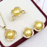 Freshwater Pearl Clover Diamante Necklace Ring and Earrings Jewelry Set Gift For Mother's Day