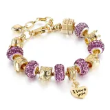 Women's I Love You Heart Zircon Diamond Gold Bead Bracelet Chain Charm Jewelry