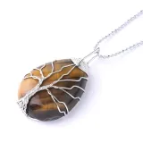 Drop-shaped Natural Crystal Stone Silver Tree of Life Chain Jewelry Necklace