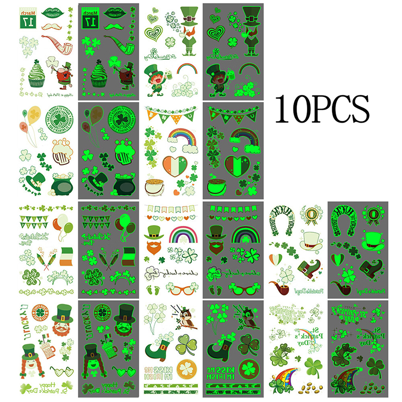 10PCS Noctilucence St. Patrick's Day Temporary Clover Tattoos Stickers