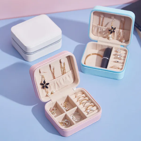 Rectangle Zipper Type PU Leather Jewelry Box For Girls and Women