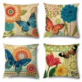 4PCS Home Cotton Decorative Spring Flower and Butterfly Throw Pillow Case Cushion Covers For Sofa Couch Bed Chair