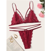 Women's Burgundy Bikini Three-Point Lace Sexy Lingerie Set