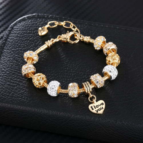 Women's Golden Alloy I Love You Heart Crystal Charm Chain Jewelry Bangles Bracelet