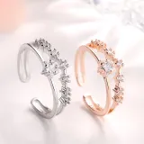 Rings Open Crystal Diamante Rose Flower Double Layer Adjustable Jewelry Gift for Women Girls
