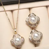 Mother's Day Gift Diamante Shell Pearl Flower Necklace Earrings Jewelry Set with Box
