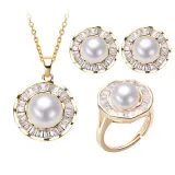 Jewelry Freshwater Pearl Diamante Pendant Necklace and Ring Earrings Set
