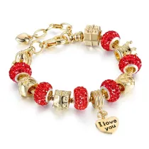 Women's I Love You Heart Zircon Diamond Gold Bead Bracelet Chain Charm Jewelry