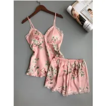 Women's Prints Flowers Sexy Rayon Silk Lace Shorts Loungewear Summer Sets
