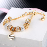 Women's Golden Alloy I Love You Heart Crystal Charm Chain Jewelry Bangles Bracelet