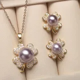 Diamante Jewelry Clover-Shaped Pearl Necklace and Earring Set For Women Girls With Box